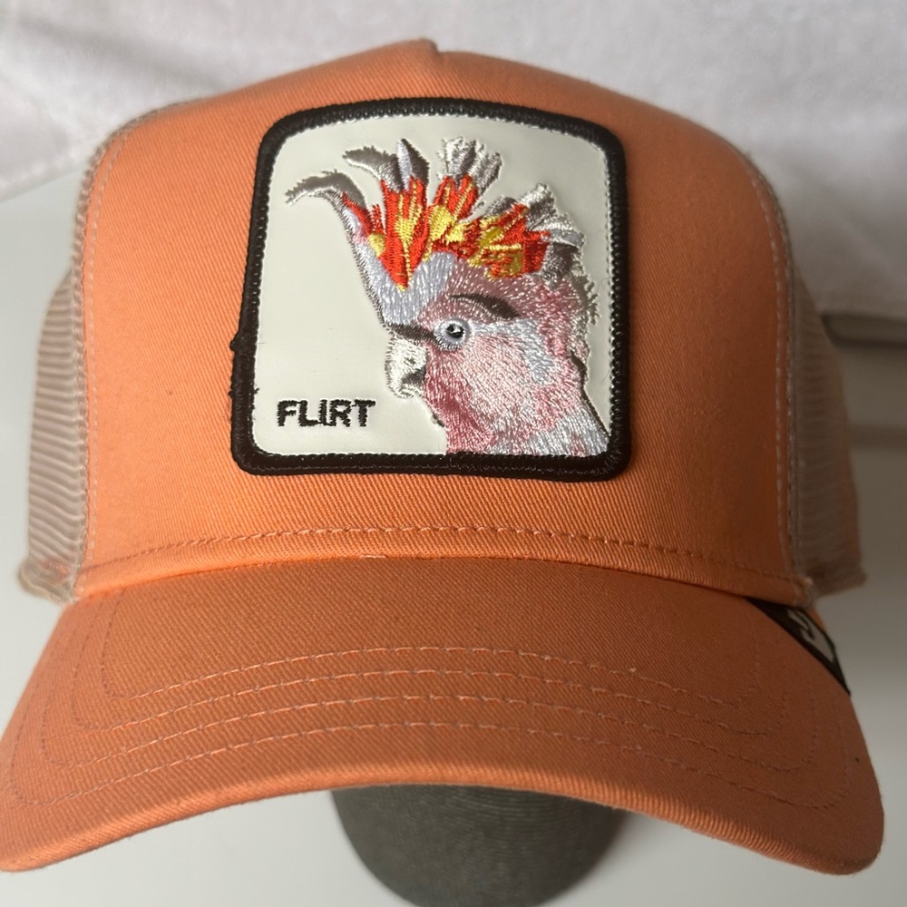 Goorin Brothers “FLIRT” Snapback Hat - Peach Orange, Embroidered Cockatoo Patch